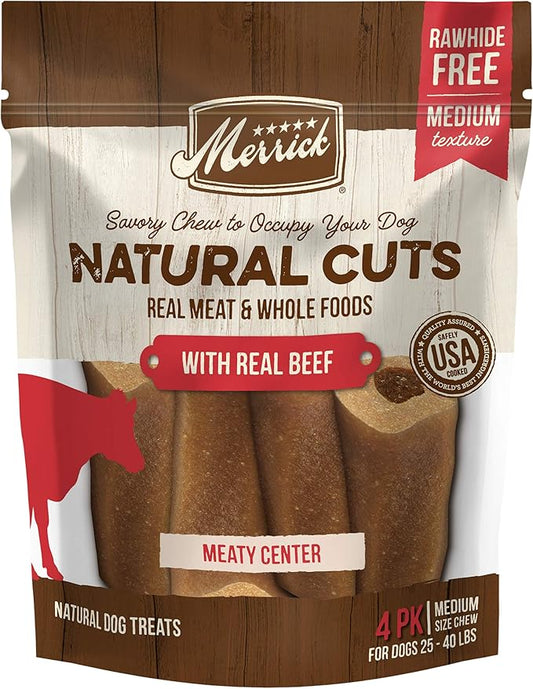 Merrick Natural Cuts Chicken Free Non Rawhide Medium Dog Chews, Medium Texture Chew Sticks With Real Beef - (Pack of 6) 4 ct. Pouches