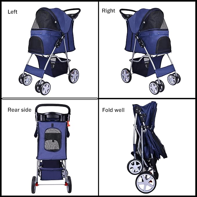 Pet Stroller, 4 Wheels Multifunction Dog Cat Stroller, Folding Portable Travel Stroller with Detachable Carrier, Suitable for Medium Small Dogs Cats, Blue