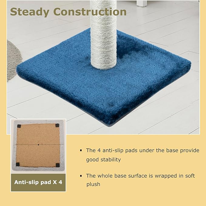 Tall Cat Scratching Post 34” Basic Vertical Scratcher for Indoor Cats and Kittens, Cat Scratch with Sturdy Sisal Rope and Hanging Ball, Large Heavy Plush Base (Blue)