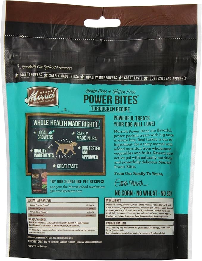 Merrick Power Bites All Natural Grain Free Gluten Free Soft & Chewy Chews Dog Treats Turducken, 6 OZ