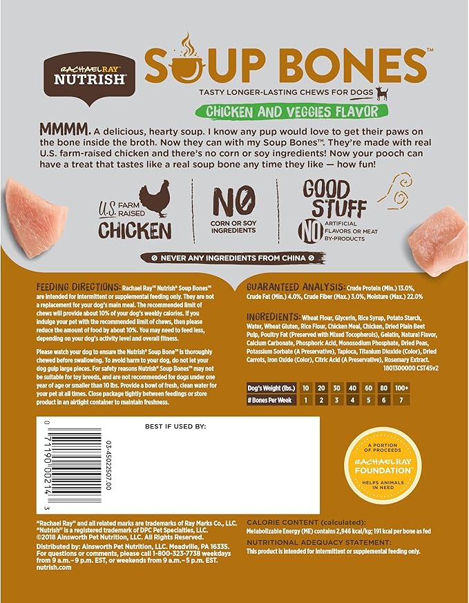 Rachael Ray Nutrish Soup Bones Dog Treats, Chicken & Veggies Flavor, 11 Bones (Pack of 4)