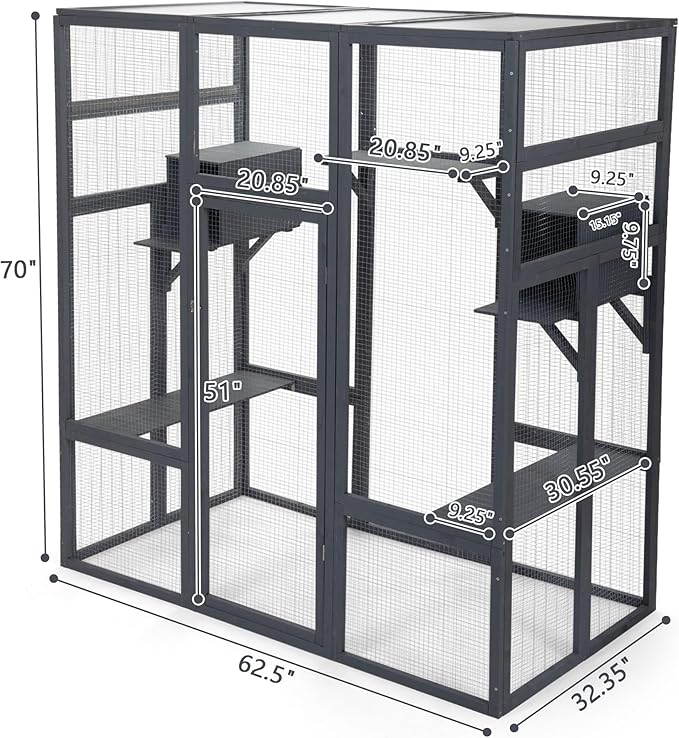 63 Inch Wooden Catio Outdoor Cat Enclosure w/ 2 Napping Houses, Luxury Kitty-House with 7 Jumping Platforms & Weatherproof Tarpaulin, Walk-in Kitty Kennel Condo Shelter