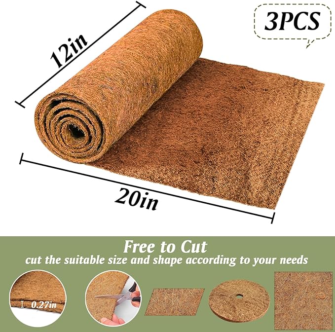 ZeeDix 3 Pieces Coconut Fiber Reptile Substrate Mat, 12 x 20 inches Natural Coco Mat Reptile Carpet Coco Fiber Liner Turtle Bedding Reptile Terrarium Liner for Lizard Snake Turtle Gecko Bearded Dragon