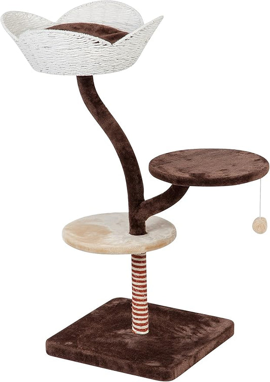 USA 4-Tier Plush and Wicker Cat Tree with Basket Cushion and Perches, Kitty Activity Center for Indoor and Outdoor Cats with Perches Dangling Toy Scratching Post And Basket with Cushion, Brown