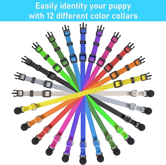 GAMUDA Small Pet Collars, Super Soft Nylon Puppy Collars, Adjustable Breakaway Litter Collars Pups, Assorted Colors Plain Whelping, Identification Collars with 2 Record Keeping Charts, Set of 12 (M)