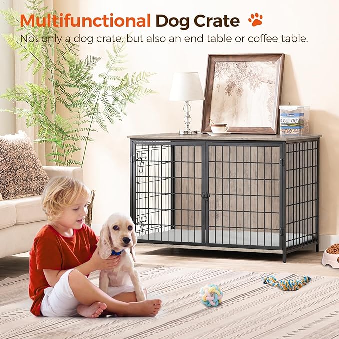 Dog Crate Furniture with Cushion, Wooden Dog Kennel with Double Doors, Heavy Duty Dog Cage for Small/Medium/Large Dogs, Indoor Dog House End Table, 39.4" L, Greige DCHG10701