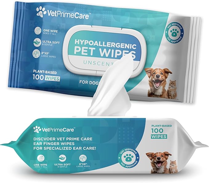 Pet Grooming Wipes for Dogs & Cats, 8” x 8” Plant-Based Hypoallergenic Wipes for Cleaning & Deodorizing, Suitable for Pets Body Like Face, Paws, Belly, and Butt, Unscented - 400 Count