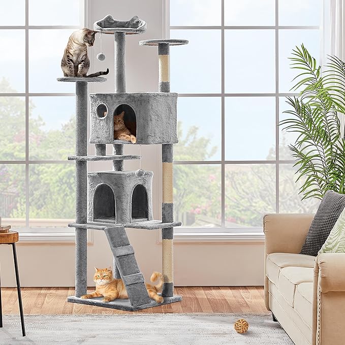 Yaheetech Tall Cat Tree, 80in Multi-Level Cat Tower with Cat Scratching Posts, Double Cat Caves, Perched Platforms and Dangling Balls, Cat Stand House for Kittens Pet, Light Gray