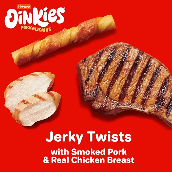 Hartz Oinkies Porkalicious Smoked Pig Skin Jerky Twists Dog Treats, 32pk