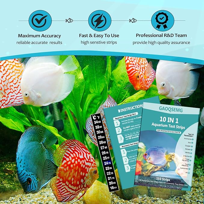 10 in 1 Ammonia Aquarium Water Test Kit,150 Strips Fish Tank Test Strips for Freshwater Saltwater Testing Ammonia,pH,Hardness,Nitrite,Nitrate,Chlorine,Copper and More