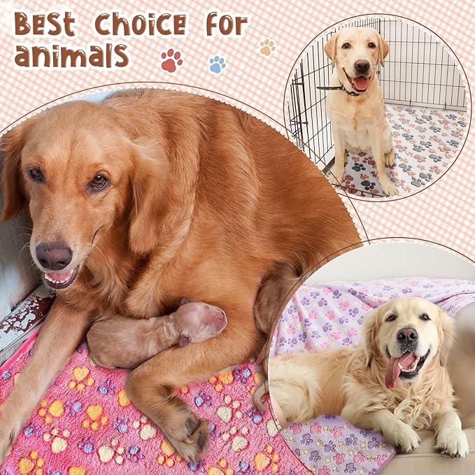 4 Pcs Pet Blanket Dog Puppy Blanket Paw Print Fleece Blanket for Small Medium Pet Dog Cat Warm Soft Sleep Mat Guinea Pig Cage Liners Blanket (White, Coffee, Pink, Purple,XX-Large(51 x 63 Inch))