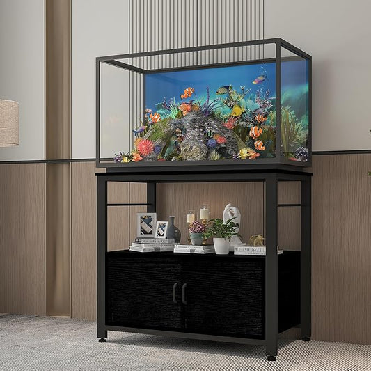 Fish Tank Stand Metal Aquarium Stand with Cabinet Accessories Storage 40-50 Gallon, Double Layer Metal with Storage Weight Capacity 760lbs, Black