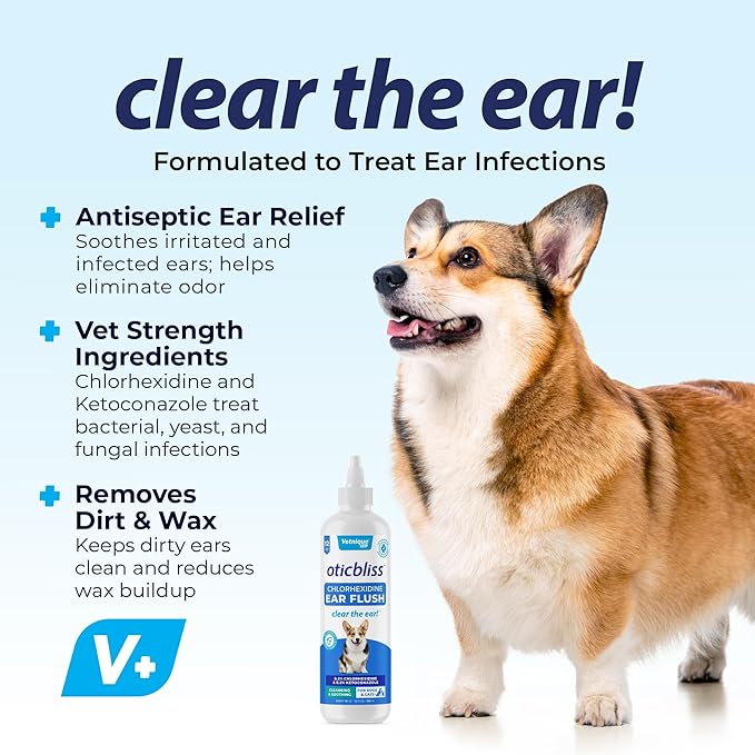 Vetnique Oticbliss Medicated Dog Ear Infection Treatment, Antiseptic Ear Cleaner for Cat & Dog Ear Cleaning Solution with Chlorhexidine & Ketoconazole (12oz Flush)