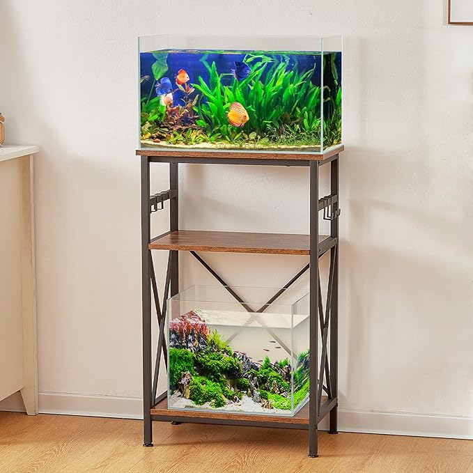 10 Gallon Fish Tank Stand with Shelf, Double Aquarium Stand for 10&5 Gal Fish Tank, 3-Tier Heavy Metal Stand with Stable Structure, Adjustable Table Feet&Anti-tilt Device - Rustic Brown