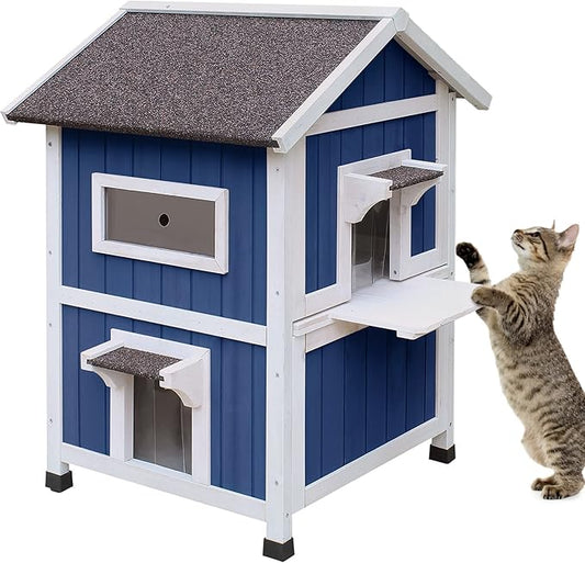 HiCaptain Weatherproof Cat House for Outdoor, 2 Story Feral Cat House with Balcony and Escape Door, Outside Wooden Pet Shelter for Small Animal-Blue