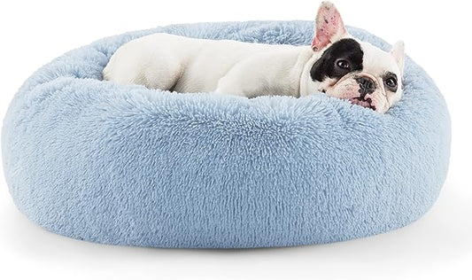 Bedsure Calming Dog Bed for Small Dogs - Donut Washable Small Pet Bed, Round Anti-Slip Fluffy Plush Faux Fur Large Cat Bed, Fits up to 25 lbs Pets, Blue, 23 inches