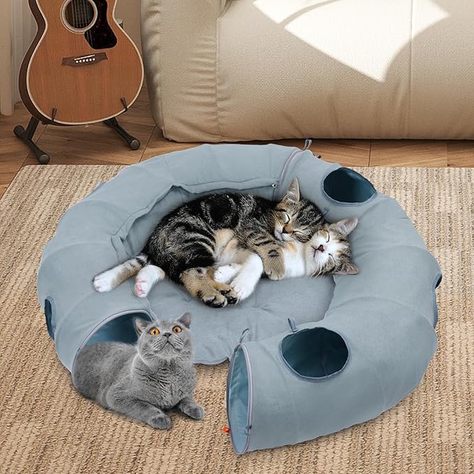 OUHOU Cat Tunnel Bed, Indoor Cat Tunnels with Hanging Balls, Peepholes, and Washable Mat, Green