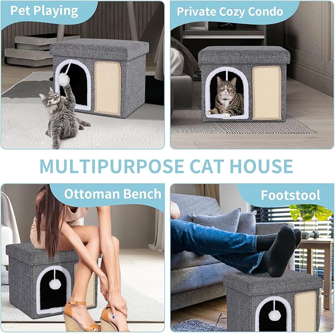 Cat Bed for Indoor Cats, Enclosed Cat Cave with Cozy Hideaway, Fluffy Hanging Ball, Cat Scratching Pad, Foldable Cat Ottoman House Hold Up to 135LBS, Cat Cube Condo for Kitten, 15" x 12.6" x 12.5"