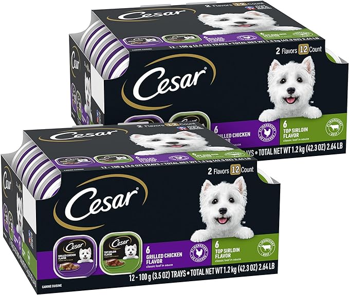 CESAR Wet Dog Food Classic Loaf in Sauce Top Sirloin & Grilled Chicken Flavors Variety Pack, 24 Total, 3.5 oz. Easy Peel Trays, 12 Count (Pack of 2)