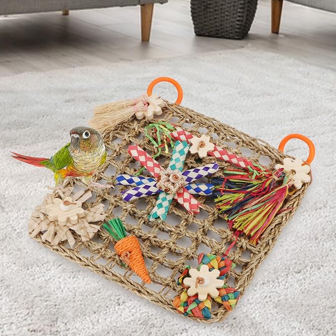 Hypeety Bird Toys Parrot Foraging Toys Bird Chew Toys Parakeet Shredding Seagrass Climbing Mat with Various Toys for Conure, Cockatiel, Lovebird, Parakeet, Budgie (L(Carrot))