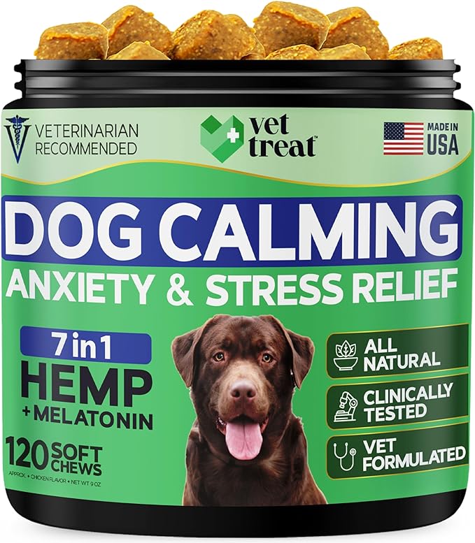 Hemp Calming Chews for Dogs - Dog Anxiety Relief -Made in USA- Hemp Oil + Melatonin Treats - Separation Anxiety, Barking, Travel - Dog Calming Chews - 120 Soft Treats (Chicken)