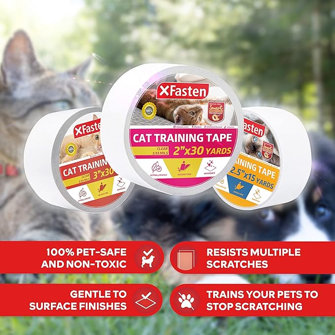 XFasten Anti-Scratch Cat Training Tape, Clear, 2-Inches x 30 Yards; Door, Kitty Paw Tape for Couch, Furniture and Leather Stop Scratching Guard Protector Tape for Cats