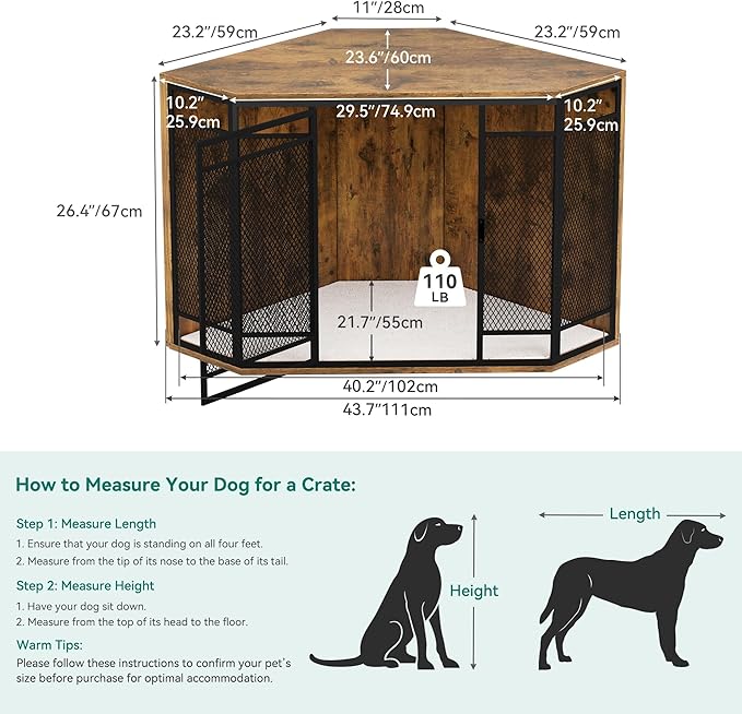 YITAHOME Corner Dog Crate Furniture, 43.7 inch Dog Kennel Furniture with Metal Mesh, Wooden Dog Crate End Table, Small Medium Dogs, Brown