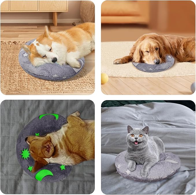 Glow-in-the-Dark U-Shaped Calming Pet Pillow for Dogs & Cats, Machine Washable Ultra-Soft Fleece Cover Comforting Dog Neck Pillow for Weak, Disabled, Elderly Pets, Luminous for Nighttime (Gray)