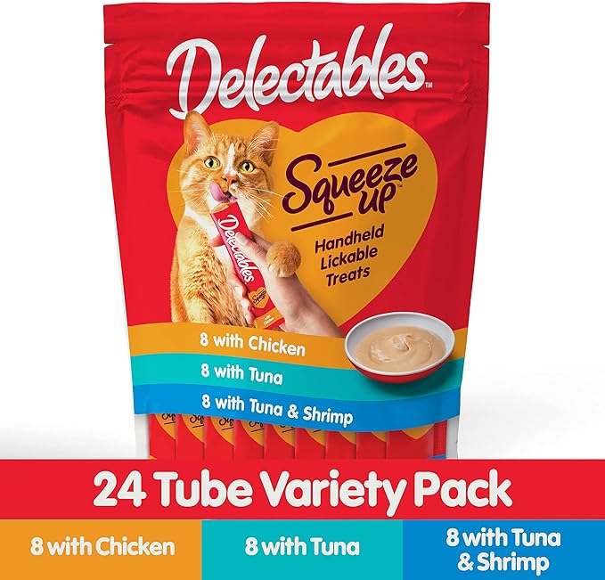 Hartz Delectables Squeeze Up Interactive Lickable Wet Cat Treats for Adult & Senior Cats, Tuna & Shrimp, 24 Count, 12 ounces