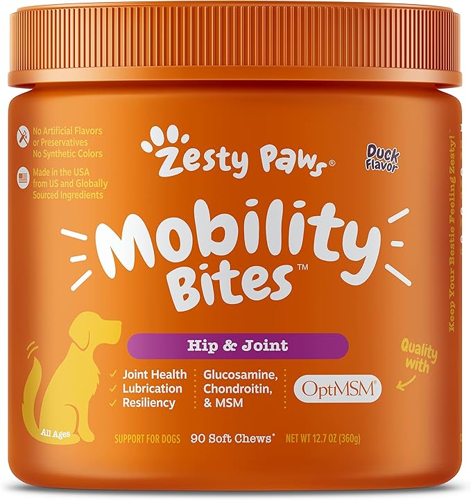 Mobility Bites for Dogs, Hip and Joint, All Ages, Duck, 90 Soft Chews, 12.7 oz (360 g), Zesty Paws