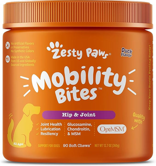 Mobility Bites for Dogs, Hip and Joint, All Ages, Duck, 90 Soft Chews, 12.7 oz (360 g), Zesty Paws