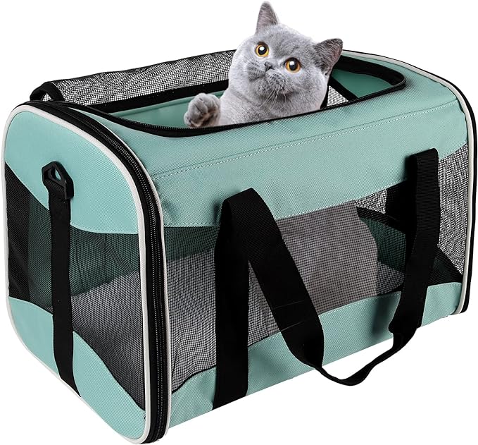 Cat Carrying Case Pet Dog Carrier Soft-Sided Cat Bag Airline Approved, Pet Travel Carrier Up to 15 Lbs, Collapsible Cat Carrier Dog Carrier for Medium Cats Small Cats Dogs(17x11x11 Green)