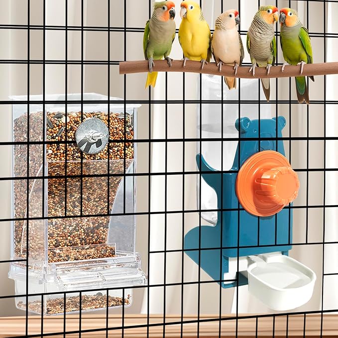 No Mess Bird Feeders with Water Dispenser Automatic Transparent Acrylic Food Container Drinker for Cage Automatic Parrot Feeder Seed Container Cage Accessories (Blue)