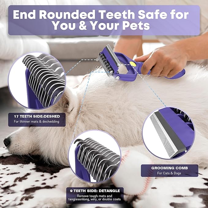 Dog Grooming Brush, Dematting Comb for Dogs and Cats, Pet Grooming Rake for Dogs, Cat Undercoat Deshedding Brush, 3 in 1 Upgraded Version Undercoat Rake for Thick Hair Pets