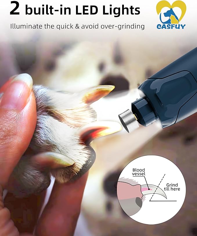 Casfuy Dog Nail Grinder Quiet - (45db) 6-Speed Pet Nail Grinder with 2 LED Lights for Large Medium Small Puppy Dogs/Cats, Professional 3 Ports Rechargeable Electric Dog Nail Trimmer with Dust Cap