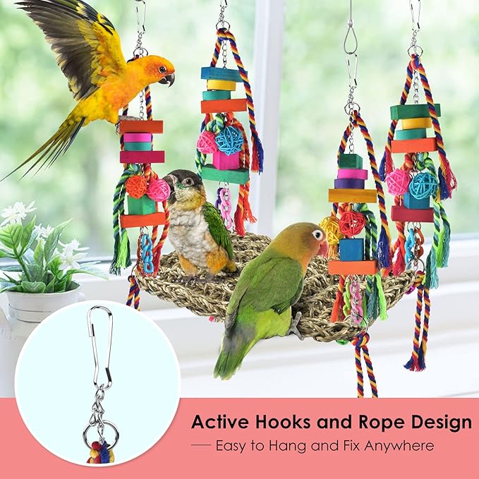 KATUMO Bird Toys, Bird Foraging Wall Toy Large Size Seagrass Woven Climbing Hammock Swing Mat with Colorful Chewing Toys for Lovebird, Parakeet, Budgie, Conure, Cockatiel, Small Birds