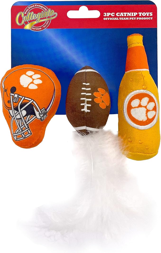 BEST PLUSH CAT TOY - NCAA CLEMSON TIGERS Complete Set of 3 piece Cat Toys filled with Fresh Catnip. Includes: 1 Helmet Cat Toy, 1 Football Cat Toy with Feathers & 1 Beer Bottle. Beautiful Team LOGOS