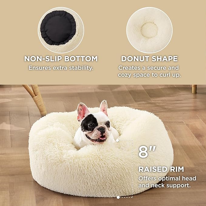 Bedsure Calming Dog Bed for Small Dogs - Donut Washable Small Pet Bed, Round Anti-Slip Fluffy Plush Faux Fur Large Cat Bed, Fits up to 25 lbs Pets, Oat Milk, 23 inches