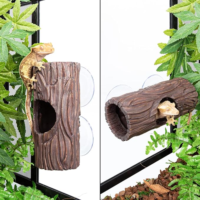 REPTIZOO Reptile Hide Cave Resin Hollow Tree Trunk Hideout Hermit Crab Climbing Toys Reptile Shelter Sleeping Cave for Arboreal Reptiles, Hermit Crabs, Leopard Gecko, Lizard Terrarium Decor