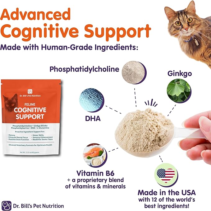 Dr. Bill's Feline Cognitive Support | Memory Support Supplement for Cats | Pet Supplement | Contains Gingko Biloba, L-Carnosine, Vitamin B-12, L-Glutamine, L-Tyrosine, and DHA