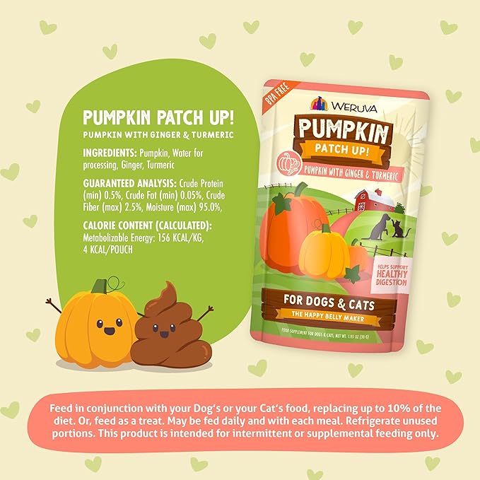 Weruva Pumpkin Patch Up! Pumpkin with Ginger & Turmeric for Dogs & Cats, 1.05oz Pouch (Pack of 12)