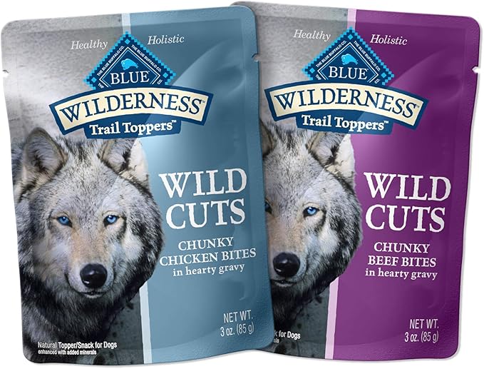 Blue Buffalo Wilderness Trail Toppers Wild Cuts High Protein, Natural Wet Dog Food, Chicken and Beef Bites, 3-oz Pouch, (48 Count- 24 of Each Flavor)