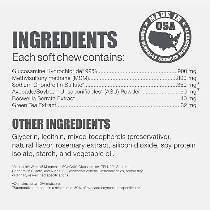 Nutramax Laboratories Dasuquin with MSM Joint Health Supplement for Large Dogs - With Glucosamine, MSM, Chondroitin, ASU, Boswellia Serrata Extract, and Green Tea Extract, 84 Soft Chews