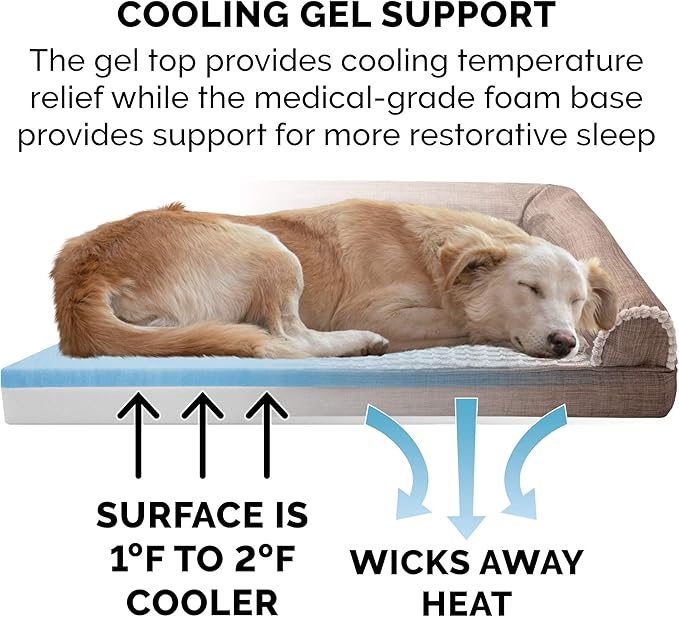 Furhaven Cooling Gel Dog Bed for Large Dogs w/ Removable Bolsters & Washable Cover, For Dogs Up to 125 lbs - Luxe Faux Fur & Performance Linen Sofa - Woodsmoke, Jumbo Plus/XXL