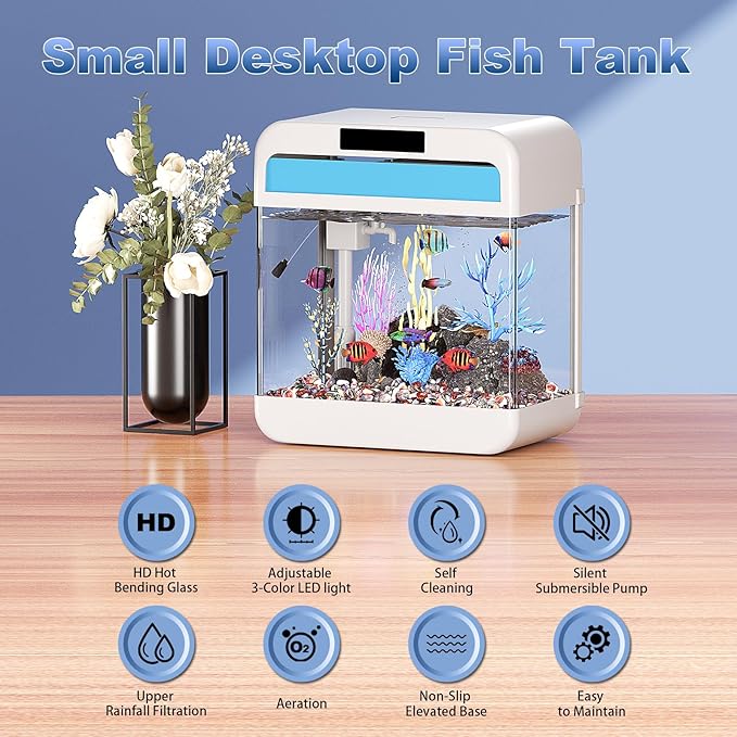 Fish Tank Aquarium 2.2 Gallon with Adjustable 3 Color Light Bead Self Cleaning 3 in 1 Pump with Filteration, Oxygenation, Water Circulation Triple Function, HD Heat Bending Glass, Leak-Proof Base