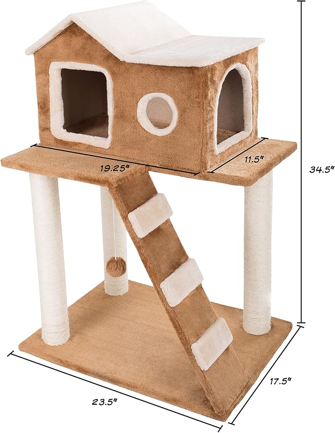 3-Tier Cat Tower - Napping Perches, Cat Condo with Ladder, 3 Sisal Rope Scratching Posts, Hanging Toy – Cat Tree for Indoor Cats by PETMAKER (Brown)