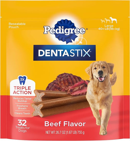 PEDIGREE DENTASTIX Large Dog Dental Treats Beef Flavor Dental Bones, 1.72 lb. Pack (32 Treats)