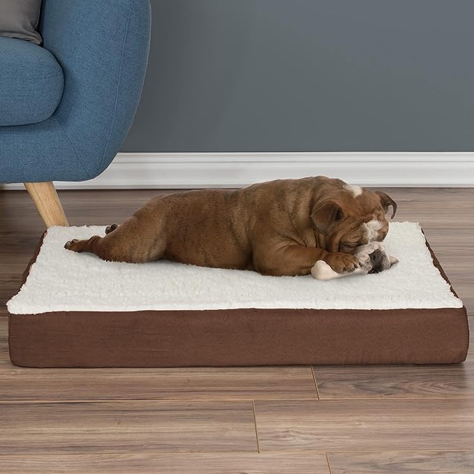 Orthopedic Dog Bed ? 2-Layer Memory Foam Dog Bed with Machine Washable Sherpa Cover ? 30x20.5 Dog Bed for Medium Dogs up to 45lbs by PETMAKER (Brown)