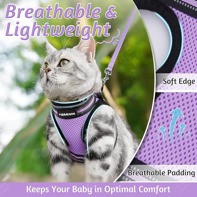 rabbitgoo Cat Harness and Leash Set for Walking Escape Proof, Adjustable Soft Kittens Vest with Reflective Strip for Cats, Comfortable Outdoor Vest, Light Purple, L