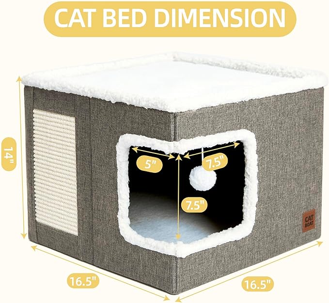 CATBOAT Cat Bed for Indoor Cats Cube House, Covered Cat Cave Beds & Furniture with Scratch Pad and Hideaway Tent, Cute Modern Cat Condo for Multi Small Pet Large Kitten Kitty, Light Grey